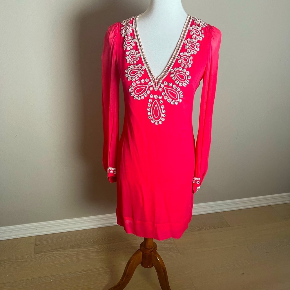 French Connection Embroidered V-Neck Chiffon Dress